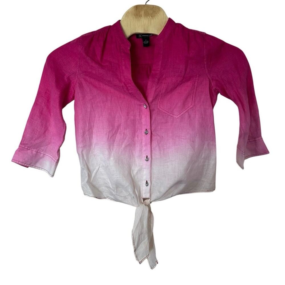 INC Women’s Pink White Ombré 100% Linen Tie Front Top Size 2 Rodeo Western Glam